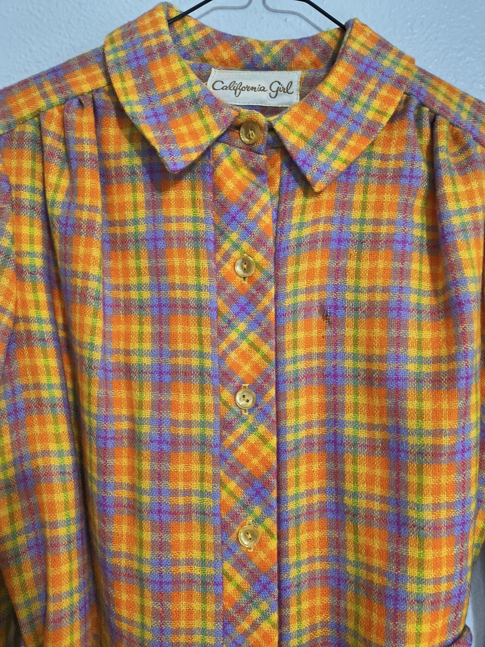 Vintage California Girl Plaid Shirt Dress M/L Orange Purple 60s 70s - Picture 4 of 10